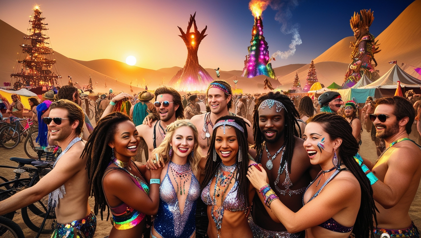 Participants enjoying art and unique costumes at the Burning Man Festival in Nevada’s Black Rock Desert.